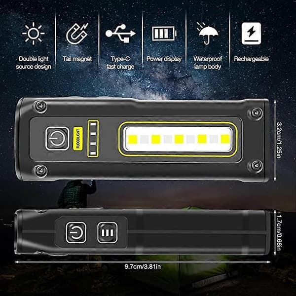 2 stk Mini Lommelykt LED Oppladbar USB Multifunksjonell Nødlykt