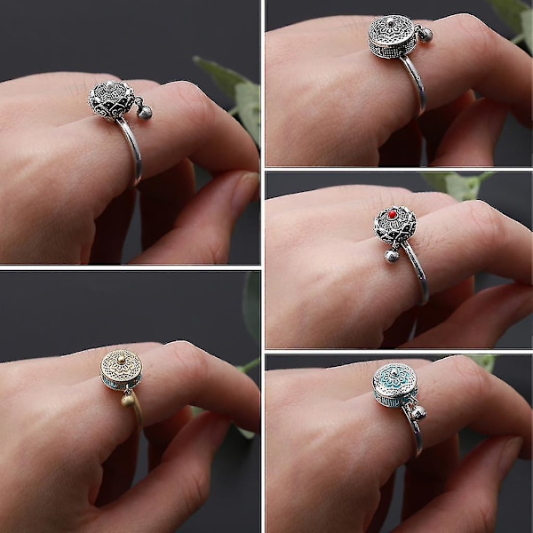 Roterende Ringe Buddhistisk Tibetansk Bønnehjul Ring Om Mantra Finger Ring Held Lotus Blomster Emalleret Roterende Ring Bånd D