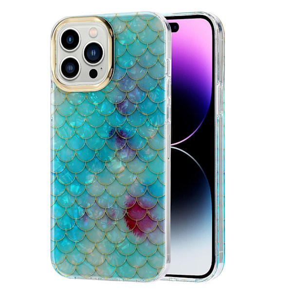 Til iPhone 14 Pro Etui IMD Mønster PC+TPU Telefon Cover med Elektroplettering Linse Ramme Y6 Blue Scale