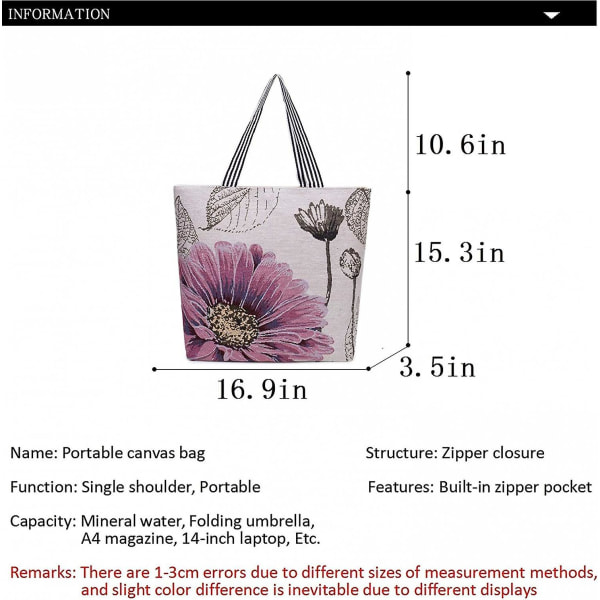 Canvas Tote Bag For Women,reusable Grocery Shopping Bag Portable Shoulder Bag School Bag A916-411 Flower