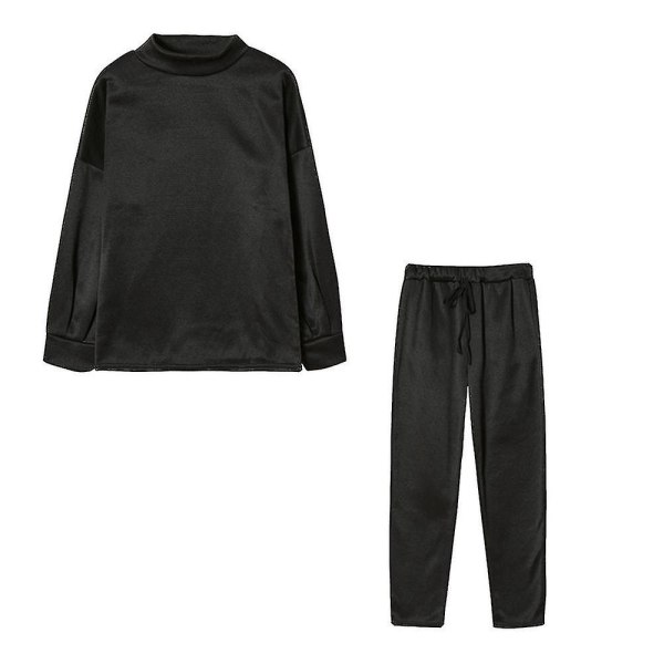 2pcs/set Womens Tracksuit Sweatshirt Tops + Drawstring Pants Set Lounge Wear Casual Jogging Outfits Black S