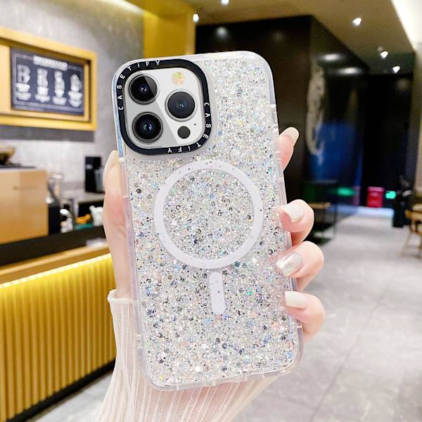 Glitter TPU + Akryl Telefonfodral Kompatibelt med MagSafe Stötsäkert Baksida för iPhone 15 White