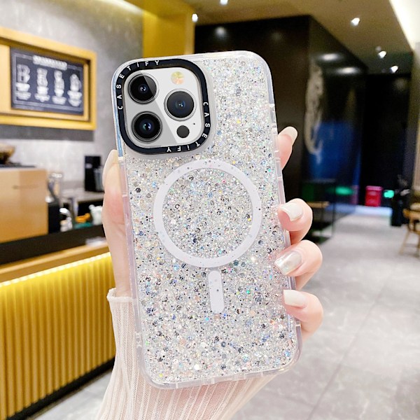 Til iPhone 15 Glitter TPU + Akryl Telefon Cover Kompatibel med MagSafe Stødsikkert Bagcover White