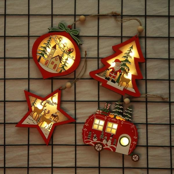 4 stykker julepynt i tre, DIY-trepynt, juletrpynt og festpynt med LED