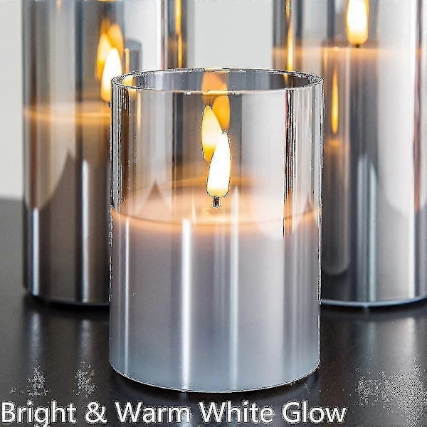 Sølvgrå Glass Flammeløse Flimrende Lys med Fjernkontroll, 3-pakning Realistiske LED-Lys 3\" H 4\" 5\" 6\"