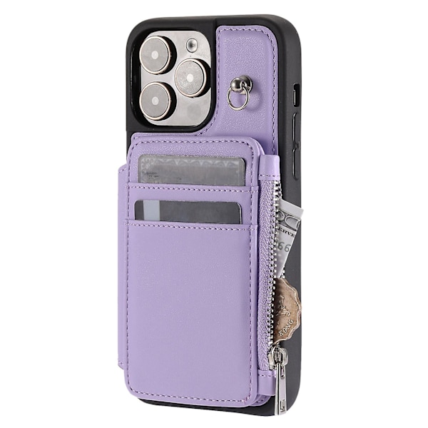 For iPhone 15 RFID-blokkerende PU-lær + TPU-telefondeksel lommebokdeksel kortholder med håndleddsstropp Purple