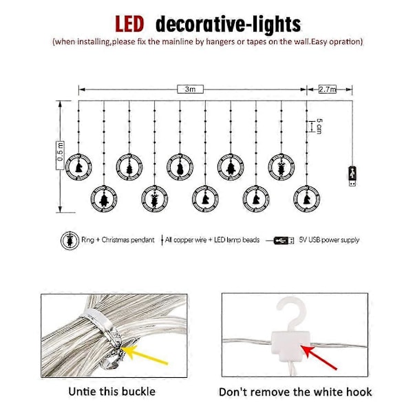 Jule-USB-hengende lyslenker med LED-gardiner, julemann-anheng, 3D-lampe, krans