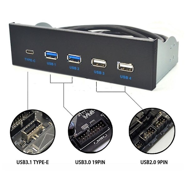 5,25 Tums USB3.1 Gen2 Frontpanel USB-hub 2 Portar USB3.0 + 2 Portar USB2.0 + 1 Port Typ-C med Typ-E C