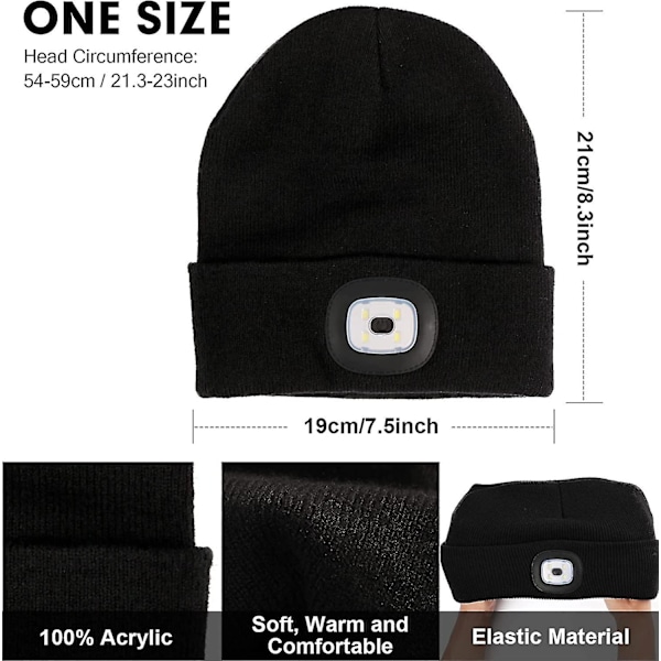 LED-mössa med ljus, USB-laddningsbar, för män och kvinnor, 5 timmars starkt huvudljus, unisex, varm stickad mössa för vinter Black
