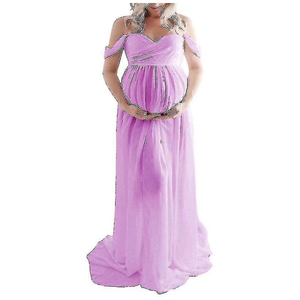 Graviditetskjole Kvinder Off Shoulder Langærmet Graviditetskjole til fotografering Graviditetskjole til fotoshoot Jb51-3 Purple L