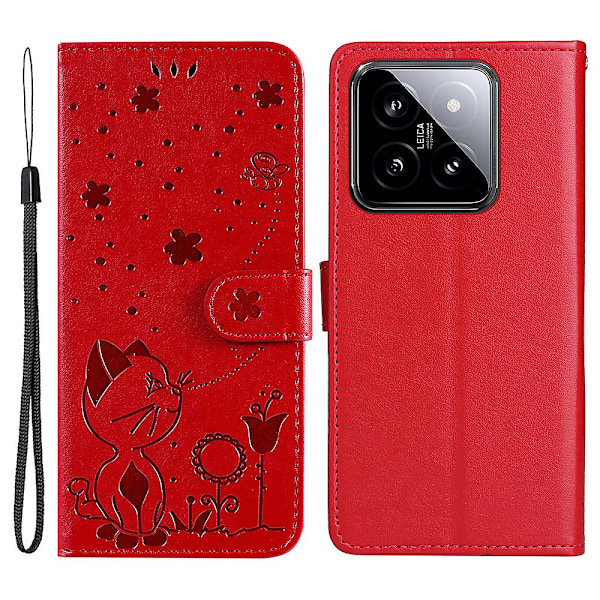 Katt preget PU skinn + TPU telefonbeskyttende deksel for Xiaomi 14 Red