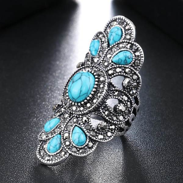 Vintage Inlagd Turkos Rhinestone Fingerring ihålig fest symmetrisk smycken US 8