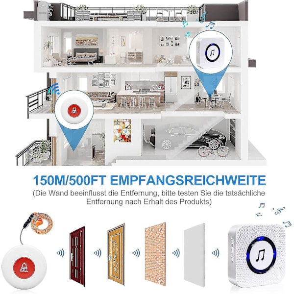 2 mottakere + 2 ringeknapper Nødknapp for eldre/vanntett nødringklokke/nødknapp for eldre