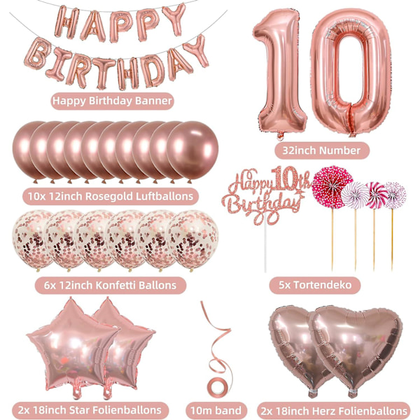 10-årsdagstårta Dekoration för Flickor - Roséguld Ballonggirland, Present till 10-årig Flicka