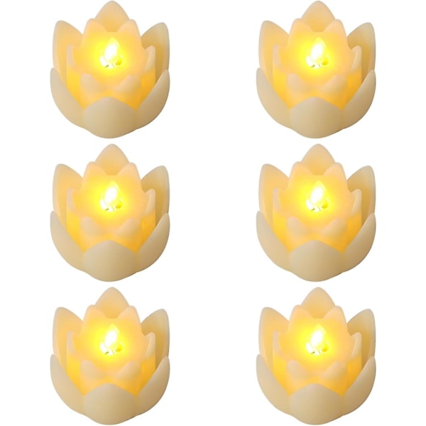 6 stk. LED Lotus Bordlys, 7,5*3cm Lotuslamper Elektroniske Buddhistiske Lys Batteridrevne Buddha Flimrende Varmt Hvidt Lys