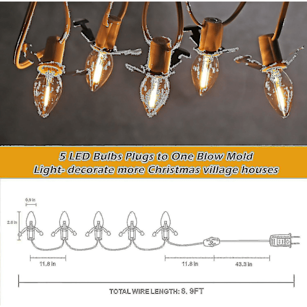 5 C7-kantaista joulukylan valoköysiä 5 LED-lampulla