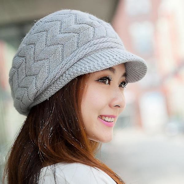 Kvinners Vinter Varm Strikket Lue Ull Snø Ski Caps Med Visor Svart Grey