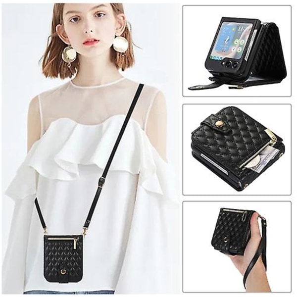 Crossbody-fodral i läder med diamantmönster för Samsung Galaxy Z Flip5 Black