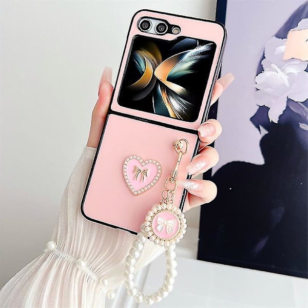 Til Z Flip 6 Etui, Sødt Kærlighedshjerte Slank PC Stødsikkert Cover Til Samsung Galaxy Z Flip 6 Med Perlearmbånd Til Kvinder Pink