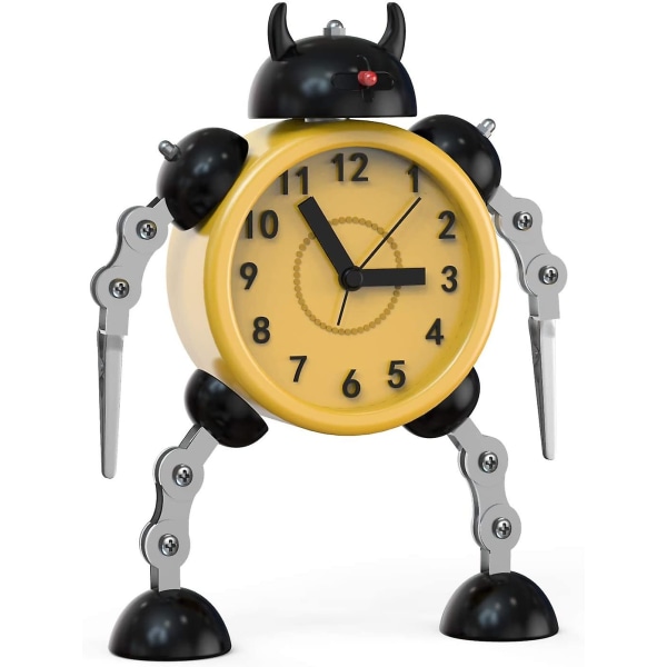 Robottiherätyskello, ruostumattomasta metallista tikittävä herätyskello, jossa silmävalot ja käsipidike, paras lahja lapsille (musta keltainen)