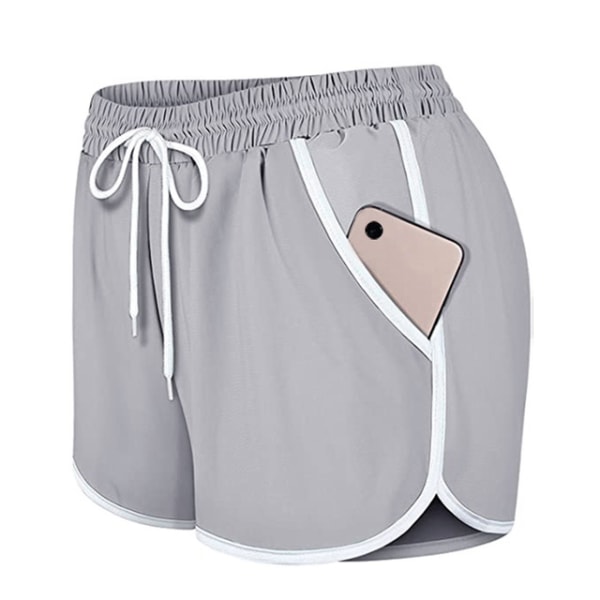 Dame dobbeltlags snoretræk elastiske talje atletiske shorts med lommer, grå-XXL Gray XXL