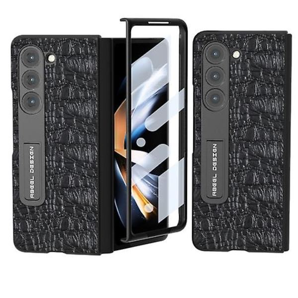 Til Samsung Galaxy Z Fold5 Abeel Integreret Ægte Læder Sky Series Mobiltelefon Etui Med Holder Black