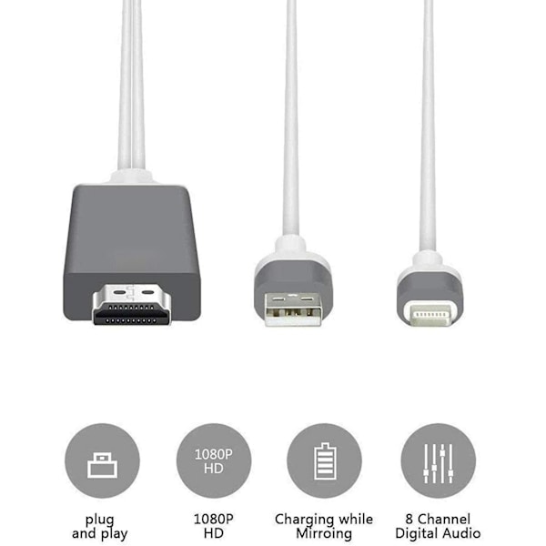 [Apple-certifierad] Lightning till HDMI-adapterkabel, 1080P Digital AV Synkroniserad ljud- och videokontakter för TV/projektor/skärm - 2 meter Vit