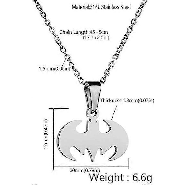 Fladdermus Hängsmycke Halsband Kirurgiskt Rostfritt Stål Allergivänligt Superhjälte Halsband för Barn och Batman-älskare Silver
