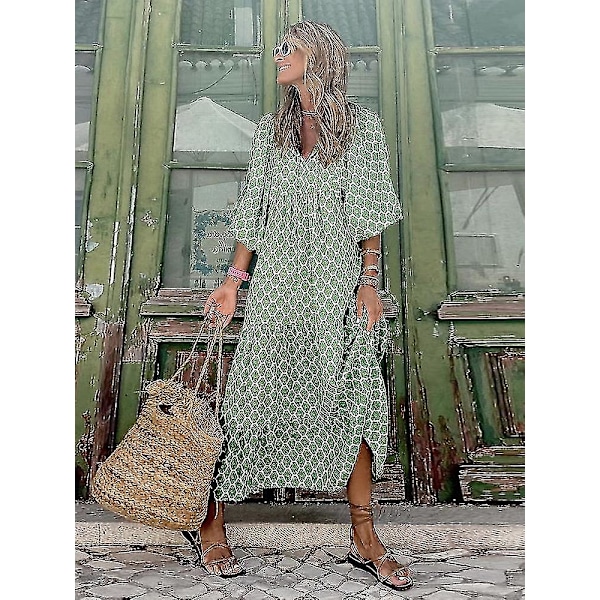 Sommar Klänning med Puffärmar Lång Kvinna Lös Boho Blommig Klänning Mode Semester Strand Vintage Klänning Elegant Geometrisk Tryck Vestido Sky Blue S
