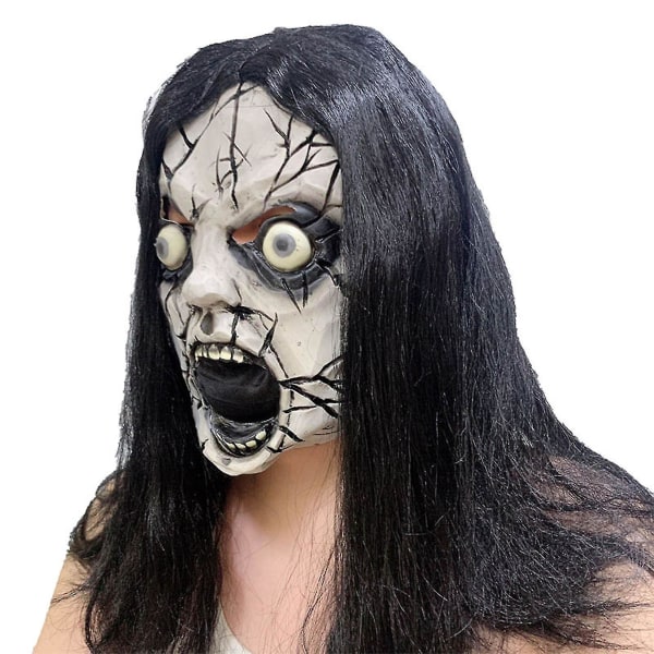 Black Hair Grimace Mask Halloween Full Head Latex Creepy Long Hair Evil Headgear Horror Scary Ghost Funny Party Cosplay Costume