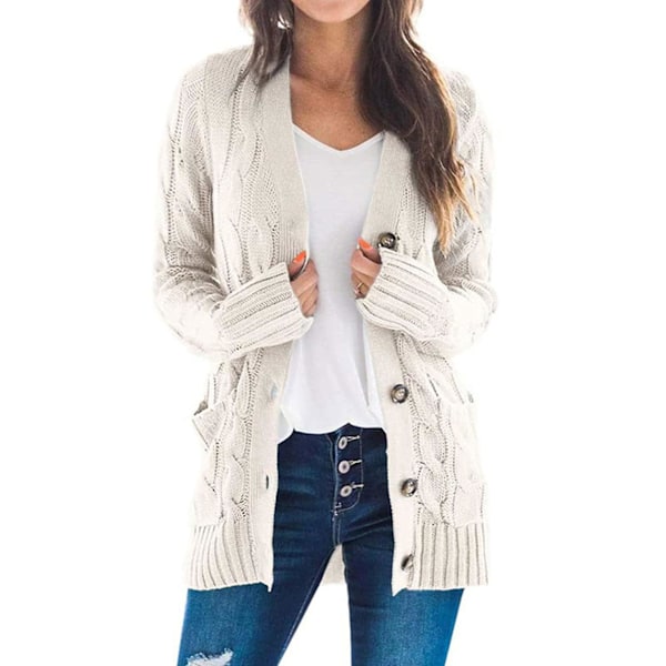 Dam Cardigan med Öppen Framkant och Fickor i Midilängd, Enfärgad White S