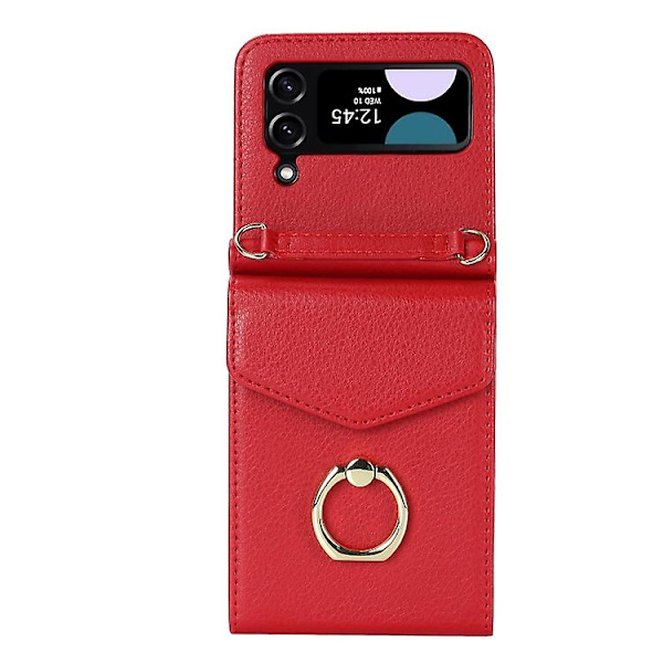 Samsung Galaxy Z Flip4 -puhelinkotelo, jossa litchi-kuviointi, RFID-korttipaikka ja rengaskiinnike Red