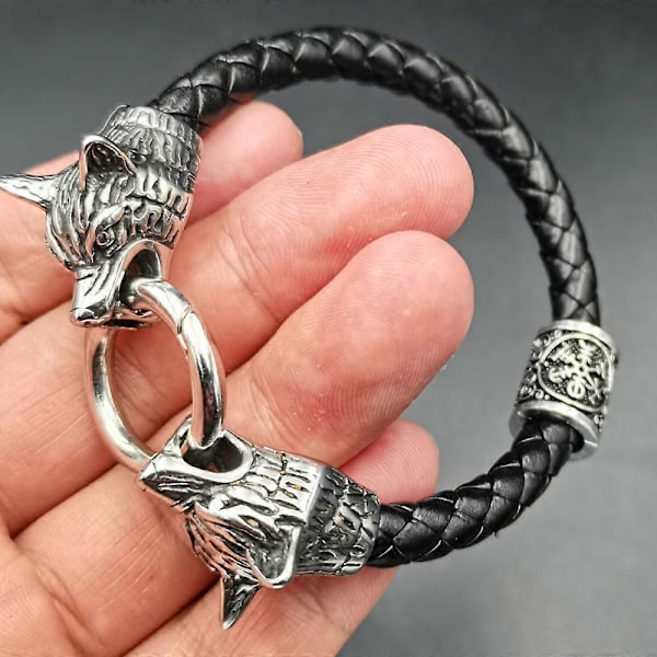 Viking Rune Perle Ulvehoved Armbånd Rustfrit Stål Læderarmbånd black style 9