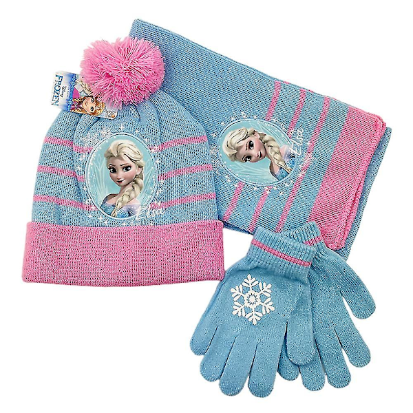 Børns Piger Frozen Elsa Hat Halstørklæde Handsker 3stk/sæt Vinter Varmt Udendørs Strikkede Pom Pom Hue Cap Gaver Light Blue And Pink