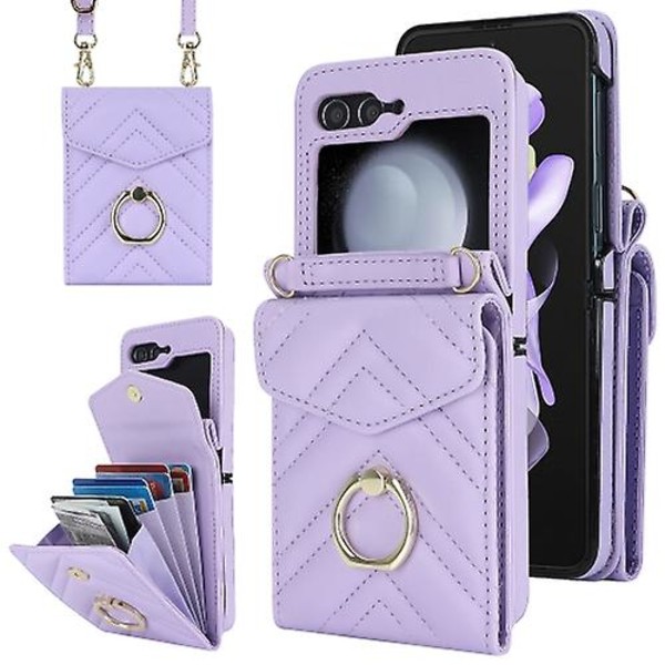 Til Samsung Galaxy Z Flip5 V-formet RFID Kortlomme Mobiltelefonetui Med Ringholder Purple