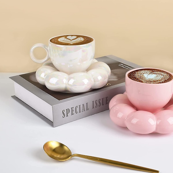 Keramisk kaffekopp, kreativ søt kopp med solsikkeunderlag for kontor og hjem, tåler oppvaskmaskin, 7oz for te latte melk (perlehvit)
