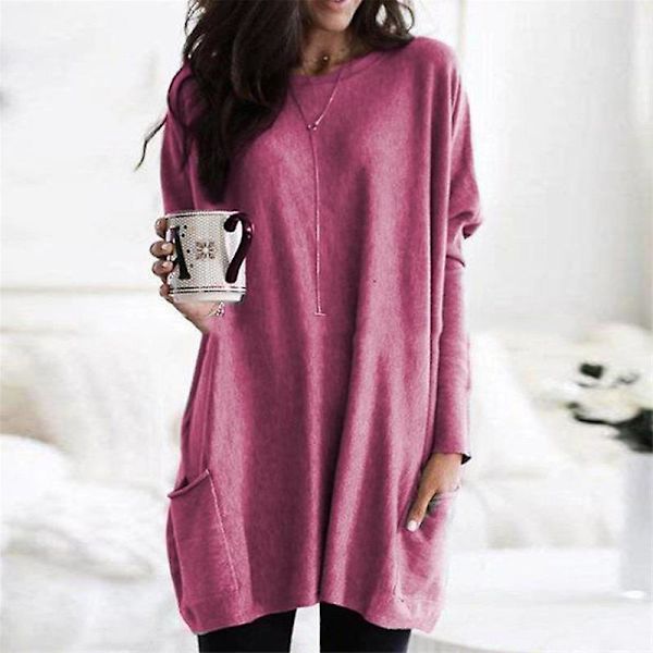 Naisten Pluskokoinen Pitkähihainen Tunikapaita Pyöreäkaulaisen Kevyt Hupunalla Casual Ylisuurinen T-paita Taskuilla (S-5X) rose red M
