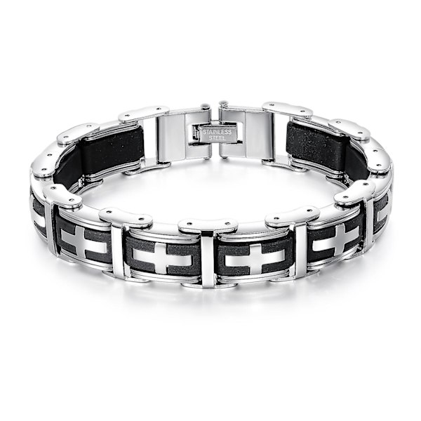 Rutiga Mönster Kors Rostfritt Stål Svart Silver En-Delar Armband