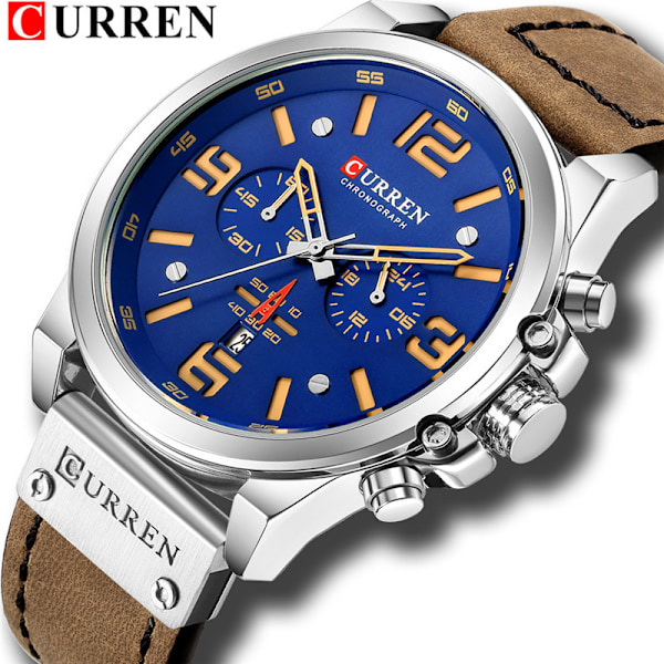 Mode Herrklocka Toppmärke Lyx Datum Quartz Klockor Herr Militär Läder Klocka Sport Armbandsur för Män Brown, silver, blue
