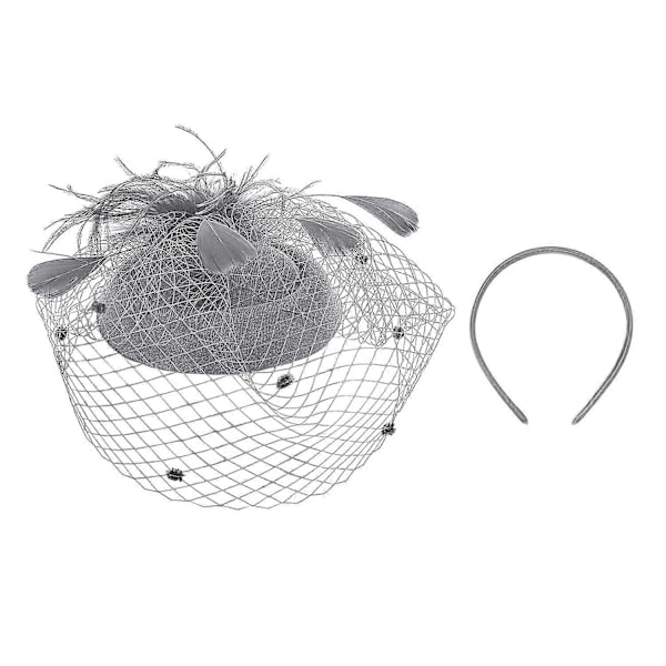 Fjäder Mesh Hatt Dam Mesh Slöja Hårnål Hatt Party Huvudbonad grey
