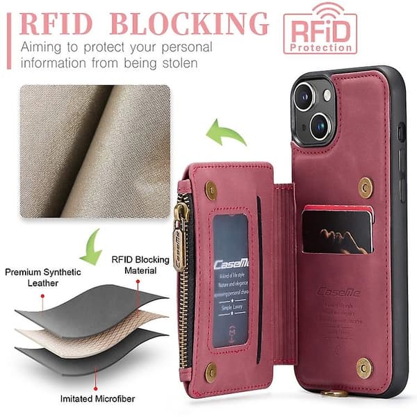 Caseme C20 Multifunktionellt RFID Läder Mobilskal för Iphone 15 Red 15 Plus