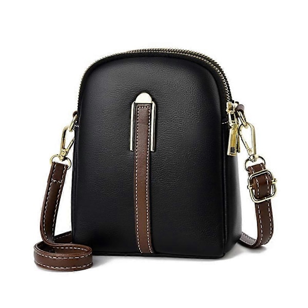 Liten Crossbody-väska i Läder, Mobilväska, Mini Handväska att Hänga Över Axeln black