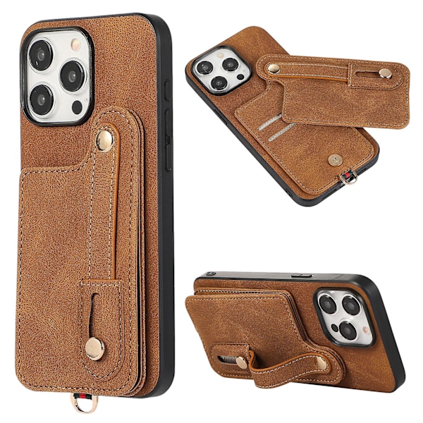 Iphone 14 Pro Max -kotelo, jossa jalusta ja korttipidike, Tpu+nahkainen puhelinkotelo Brown