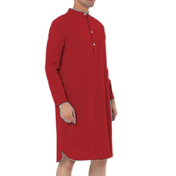 Miesten yöpaita, puuvillainen unipuku, kaareva kaulus, sivuhaara, polven mittainen, taskullinen Red 2XL