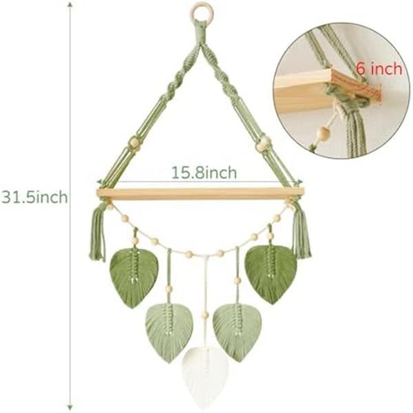 Macrame väggmonterad hylla - Boho växt hängande hyllor med handgjorda vävda blad, rustik trä S