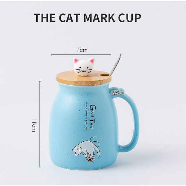 450ml Cartoon Keramisk Kattekrus Med Låg Og Ske Kaffe Mælk Te Krus Blue