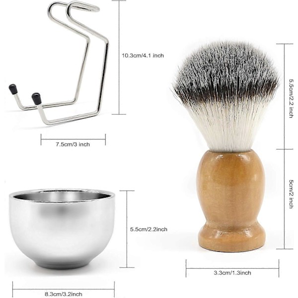 Sæt til barbering for mænd, vådsæt til barbering 3 i 1, inklusive barberbørste, barberskål i rustfrit stål, sikkerhedsstander, holdbar og nem at rengøre