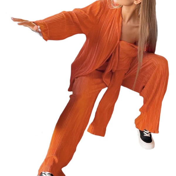 Kvinders Casual Outfits Sæt Højtaljede plisserede bukser Sæt til Go Shopping Wear Orange M