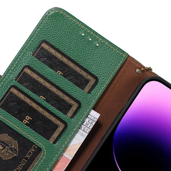 Til Iphone 15 Pung Mobiltelefon Etui Rfid Blokering Læder Stativ Telefon Cover Green
