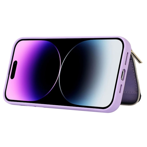 För Iphone 15 Pro Max Dragkedja Plånbok Telefonfodral Stativ Pu Läderbelagd Tpu-fodral Purple